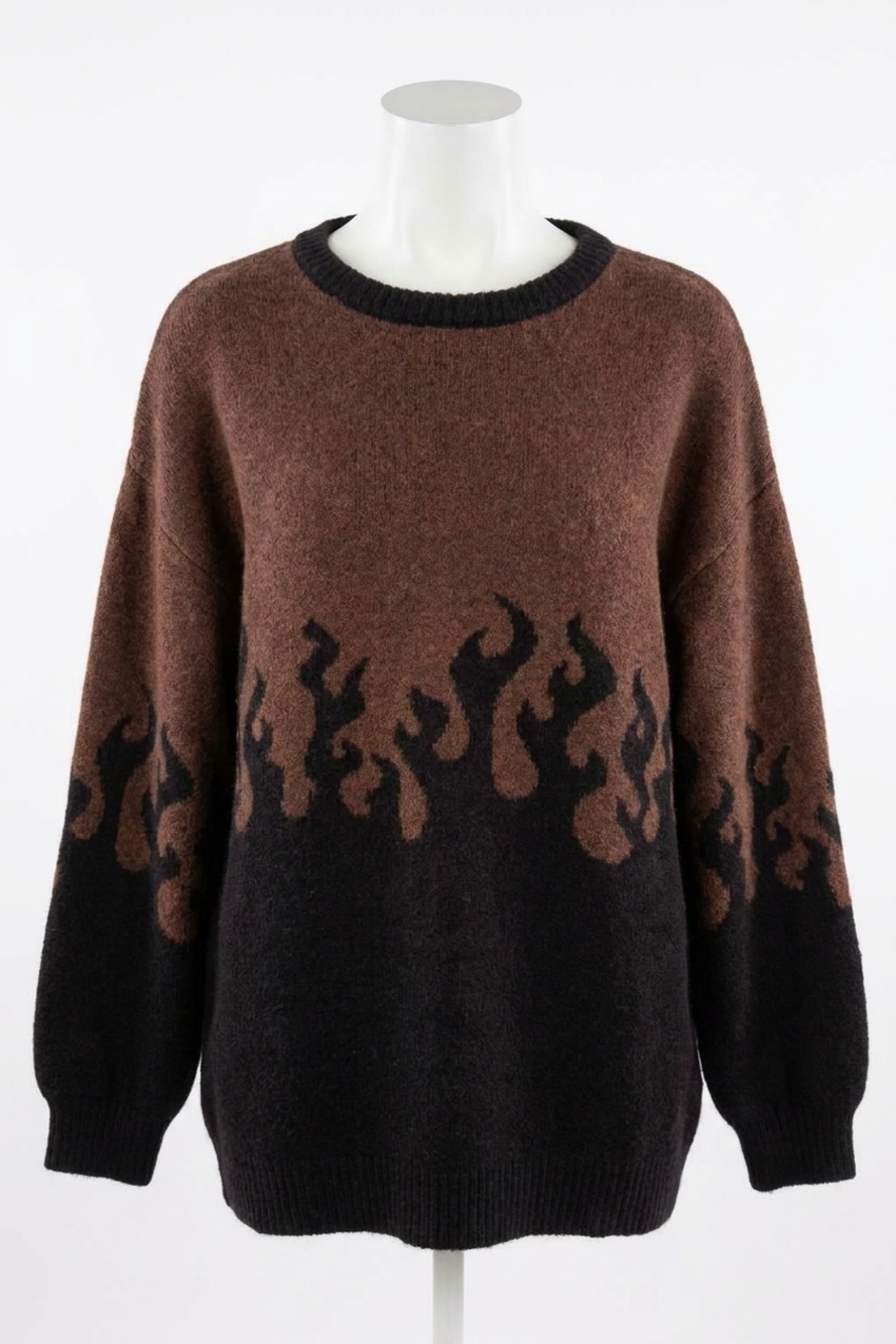 NEW CHASER foxy sweater flames golden pullover in cocoa brown